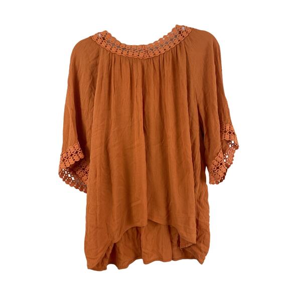 Bobeau Large L Orange Blouse Embroidered Top Lace Trim Casual Loose Boho Casual - Picture 2 of 6